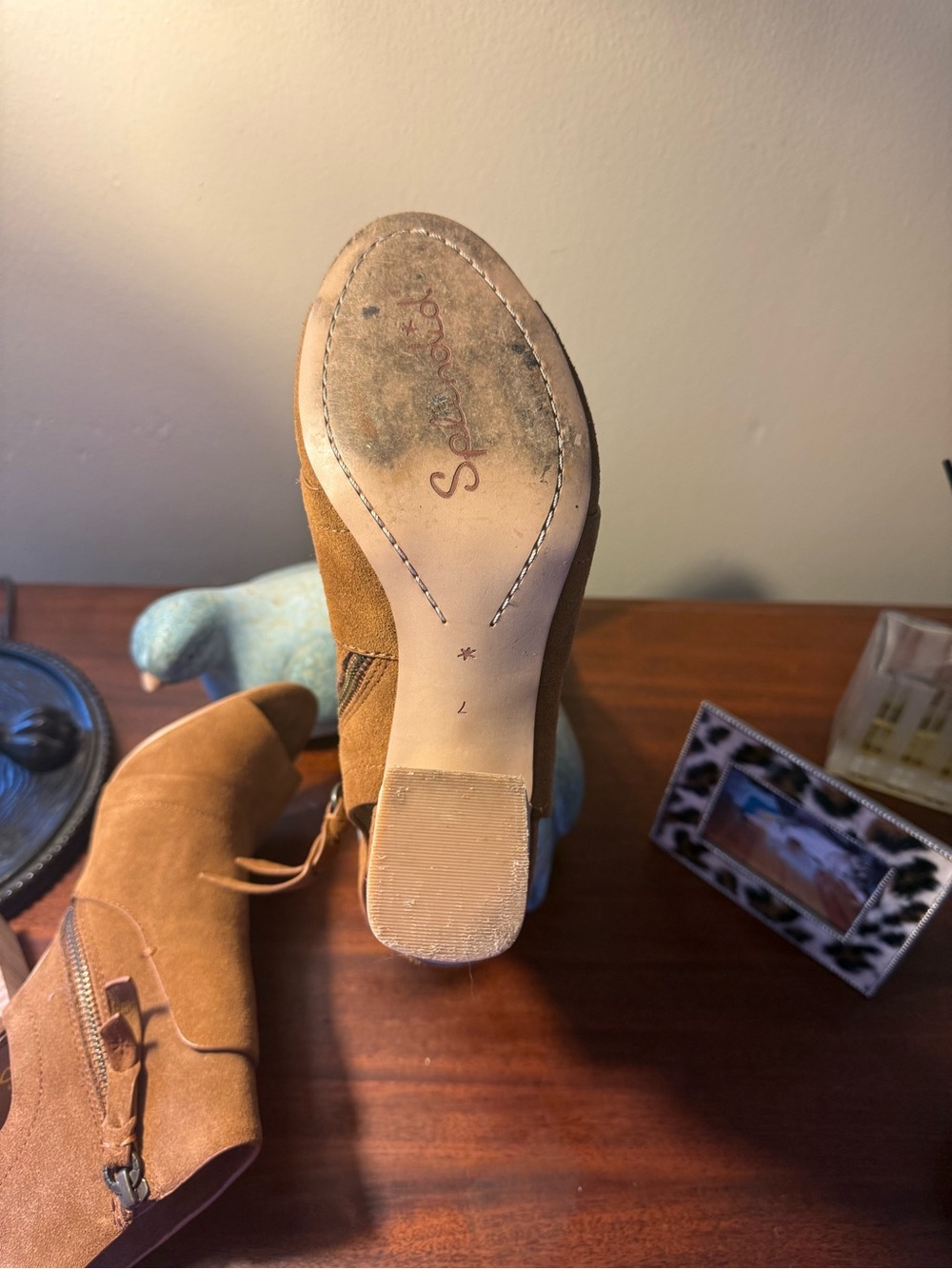 Splendid Tan Suede Peep-Toe Stacked Heel Ankle Boots - Picture 8 of 11